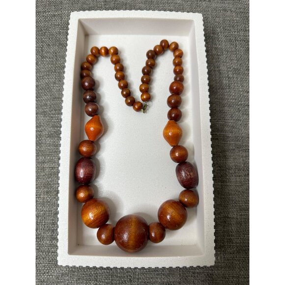 Boho Womens Brown Wooden Beaded Necklace With Graduated Beads & Clasp Closure - Picture 2 of 4